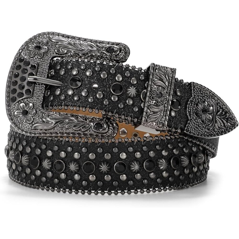 Women's Rhinestones Goth Bling Halloween Belt Cowgirl Western Full Black Belt